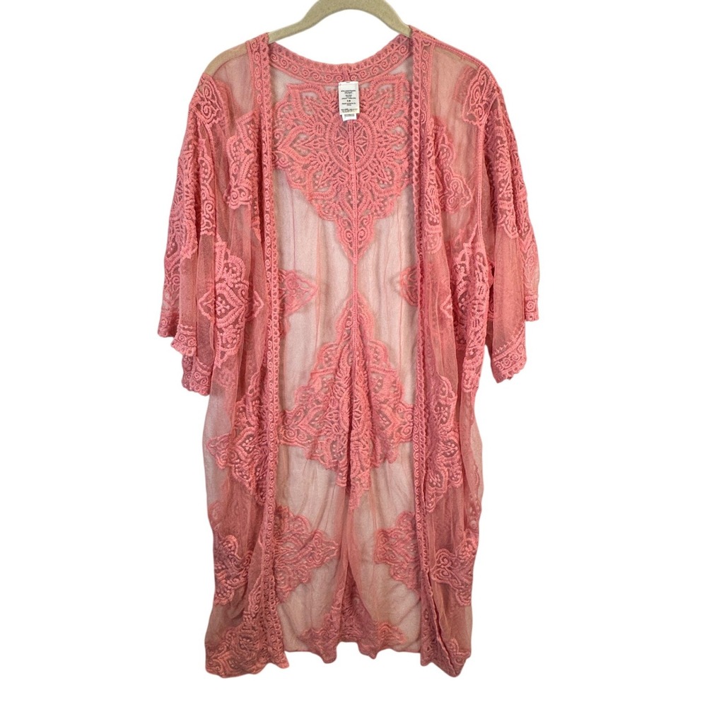 Pink Lace Sheer Long Kimono Cardigan Medallion Crochet Boho Wrap S-M